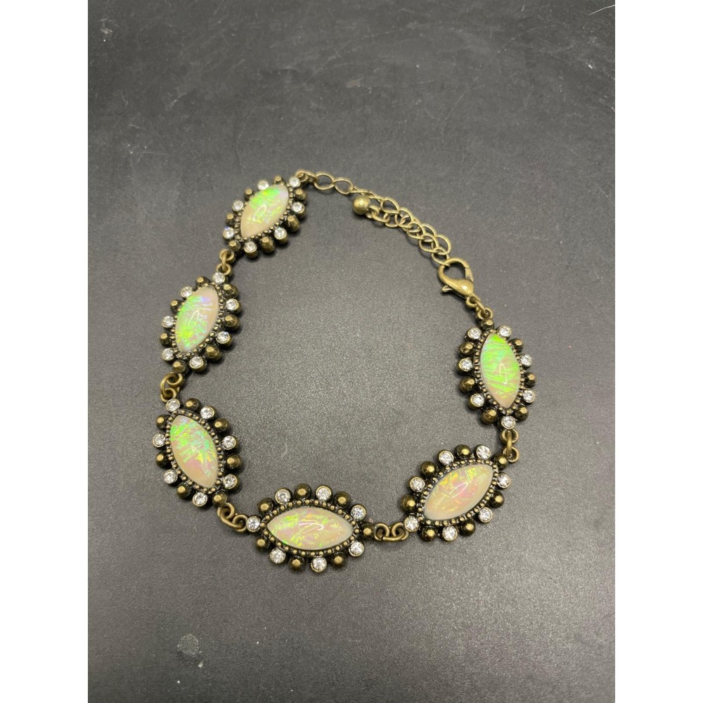 Vintage Style Faux Opal Rhinestone LinkBracelet Antique Gold Tone Victorian Boho